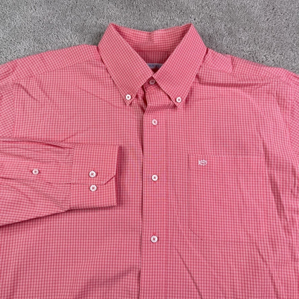 Southern Tide Shirt Mens Medium Pink Checkered Stretch‎ Cotton Button Up Coastal